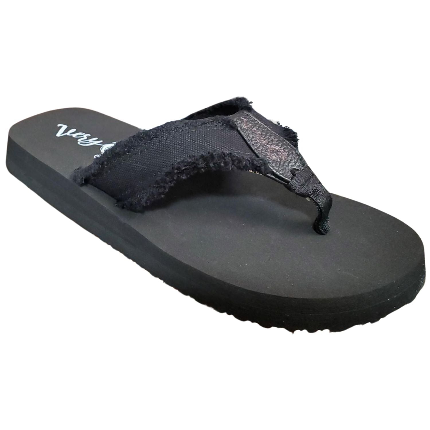Very G Womens GJazz 3 Frayed Top Fashion Slip On Flip Flop Sandal, Black
