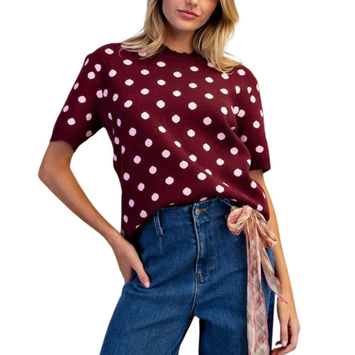 Easel Women's Polka Dot Pattern Knitted Sweater Top, Burgundy