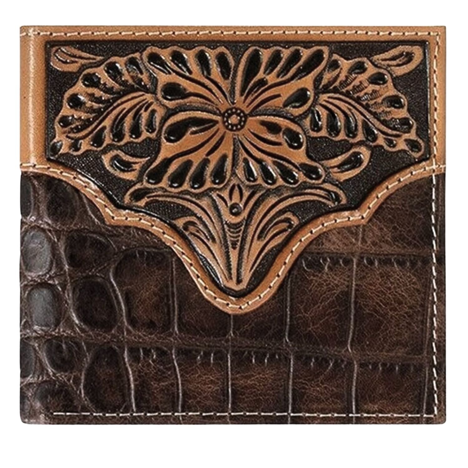 Ariat Mens Crocodile Texture Floral Embossed Leather Bifold Wallet