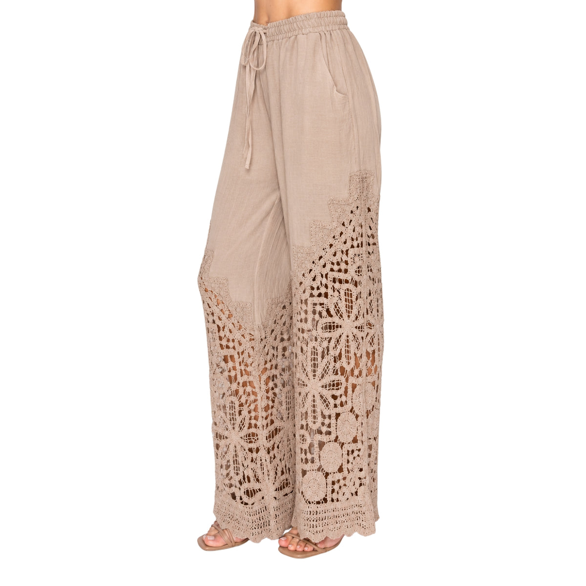 Origami Women's Crochet Lace Wide Leg Drawstring Pants, Taupe