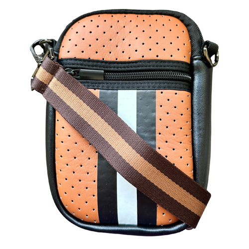 Neoprene and Canvas Small Crossbody Purse with Adjustable Strap, Black and Brown