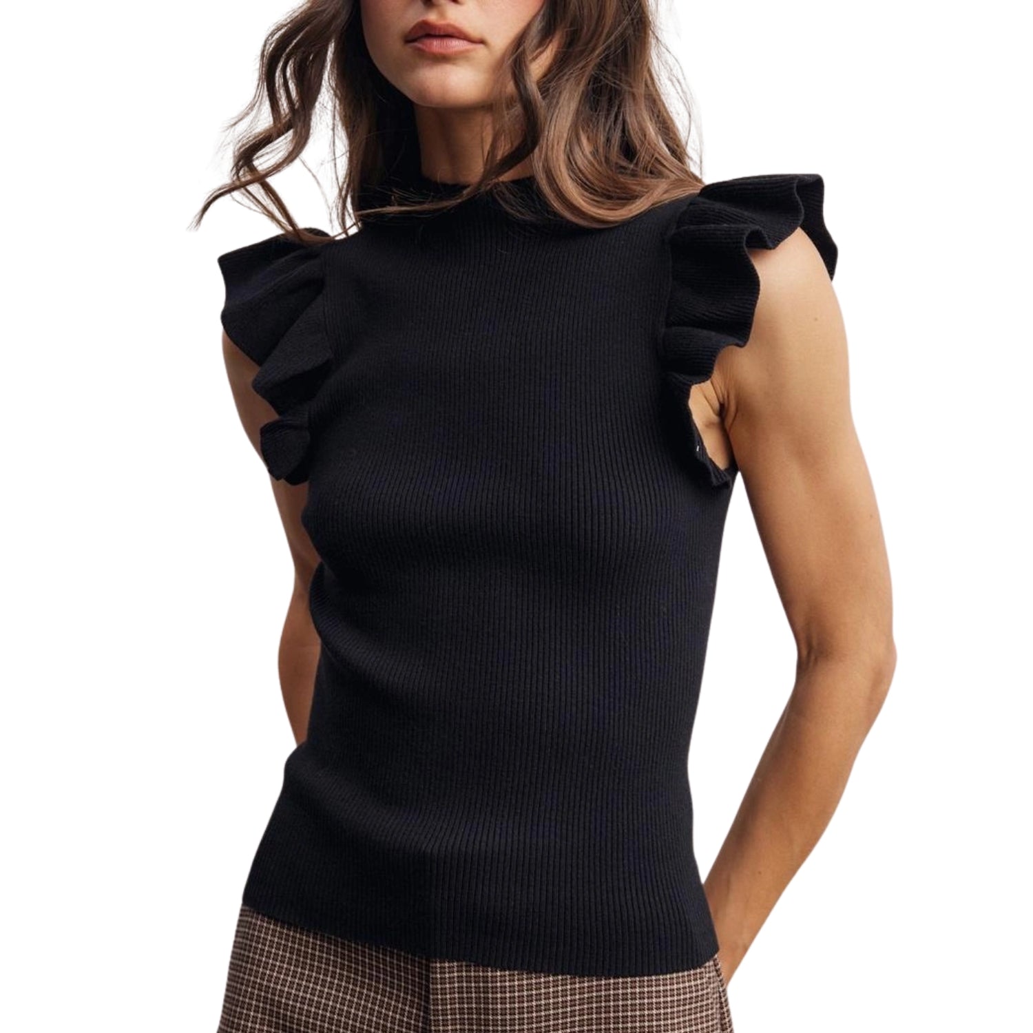 Listicle Forte Women's Ruffle Sleeve Rib Knit Mock Neck Top, Black