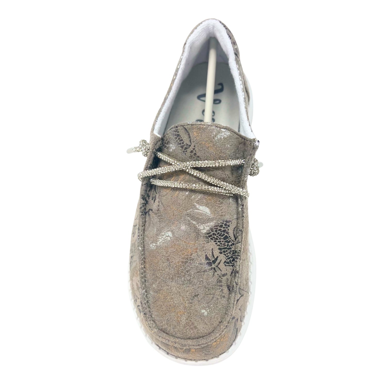 Very G Holly Prints Women's Metallic Floral Loafer w/ Rhinestone Laces, Grey
