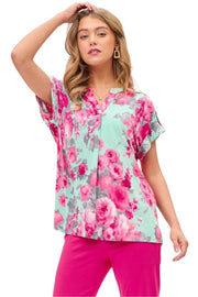 Dear Scarlett Womens Lizzy Short Sleeve Relaxed Flowy Blouse, Mint Pink