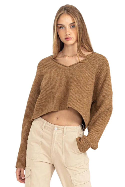 HYFVE Womens Ribbed Cable Knit Long Sleeve Crop Sweater