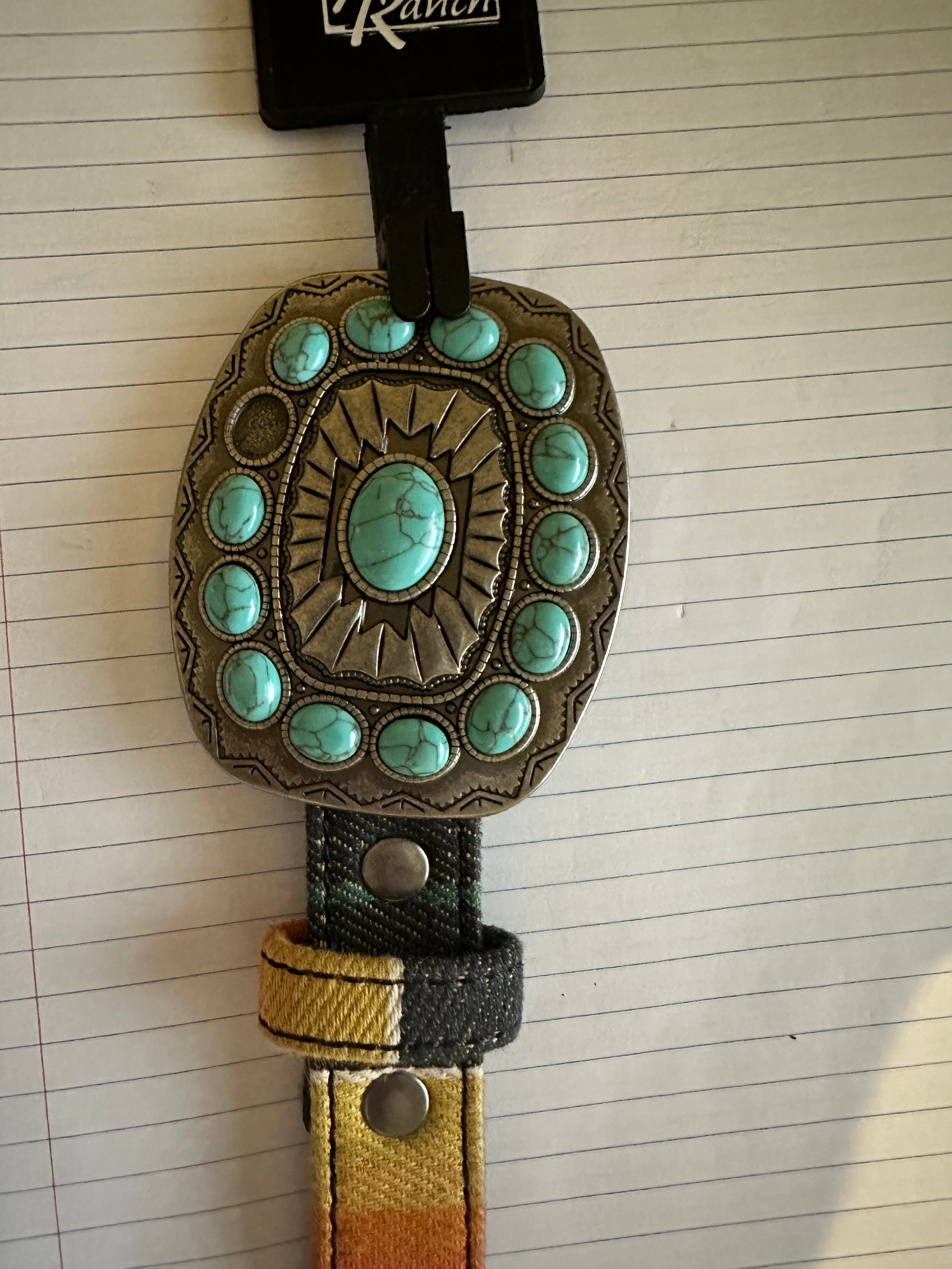 Angel Ranch Womens Serape Belt with Turquoise Stone Buckle, M, Missing 1 Stone!