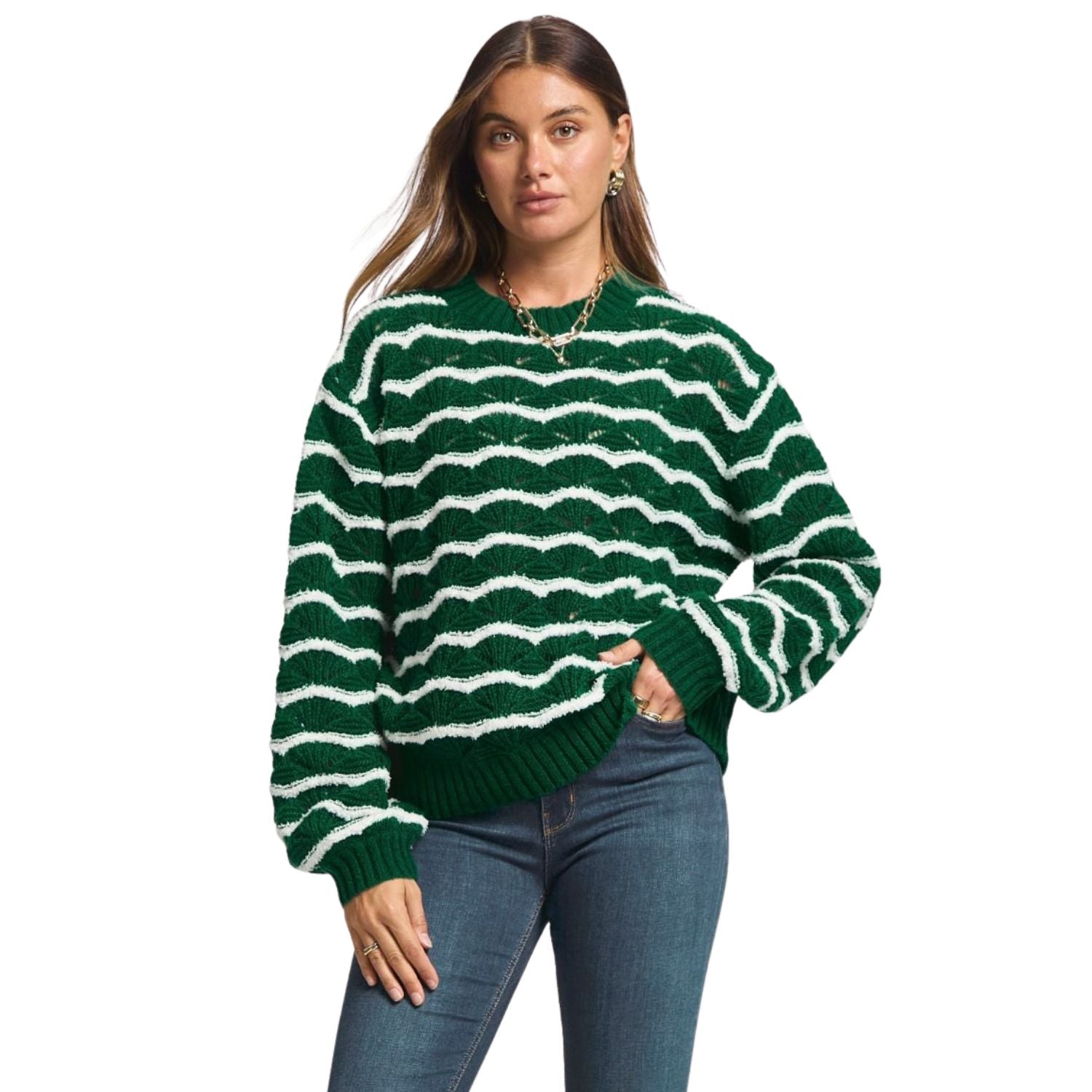 Dear Scarlett Womens Striped Holiday Christmas Sweater, Green