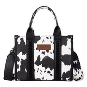 Wrangler Cow Print PU Leather Concealed Carry Tote Crossbody Purse- Black/Cow