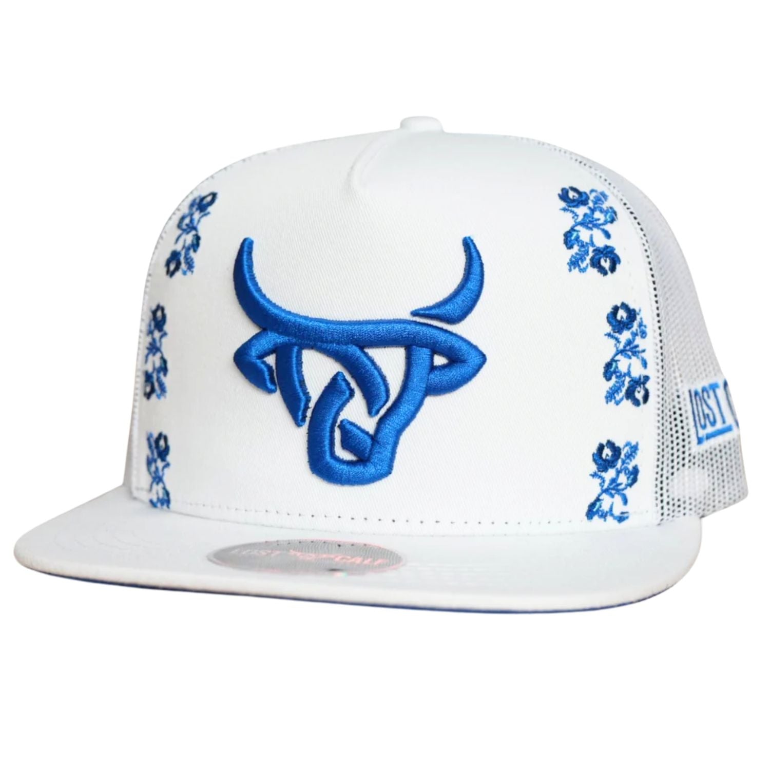 Lost Calf Mens Sadrach Flat Bill Adjustable Snapback Cap Hat, White/Blue