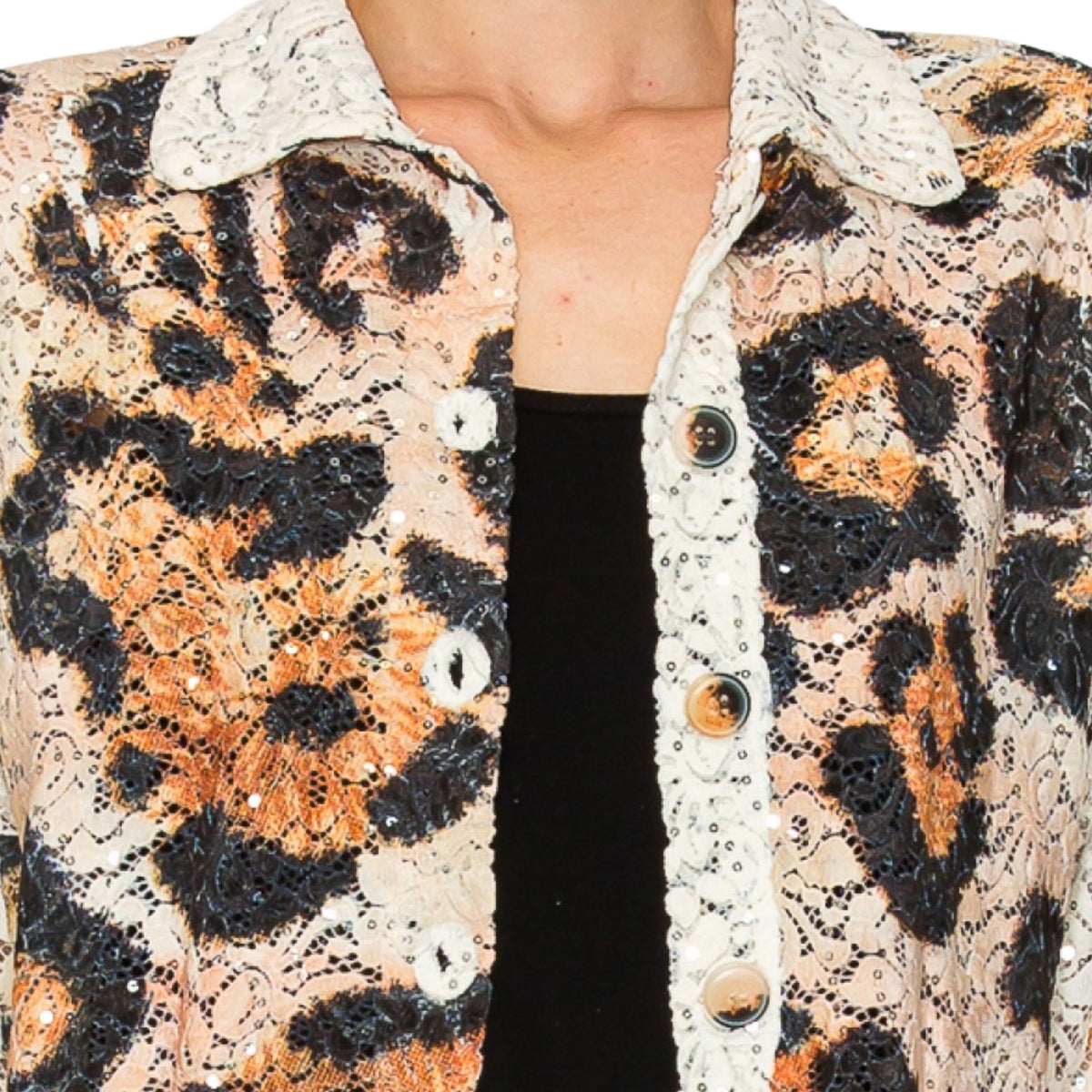 Origami Women's Sequin & Lace Leopard Print Crop Jacket