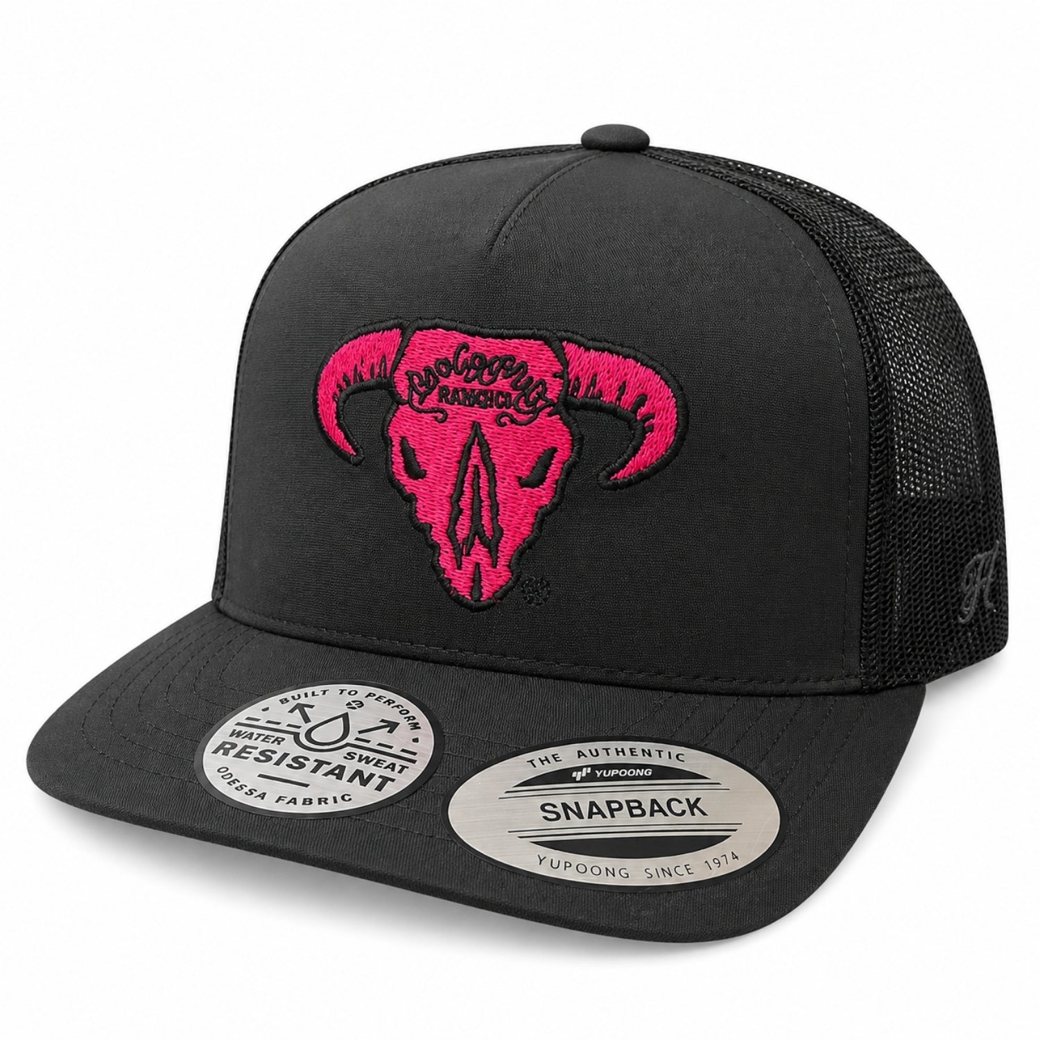 Hooey Bad Company Rodeo Men's Skull Logo Trucker Snapback Hat, Black/Pink