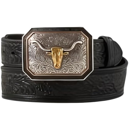 Ariat Mens Longhorn Motif Buckle Floral Embossed Leather Belt, Black