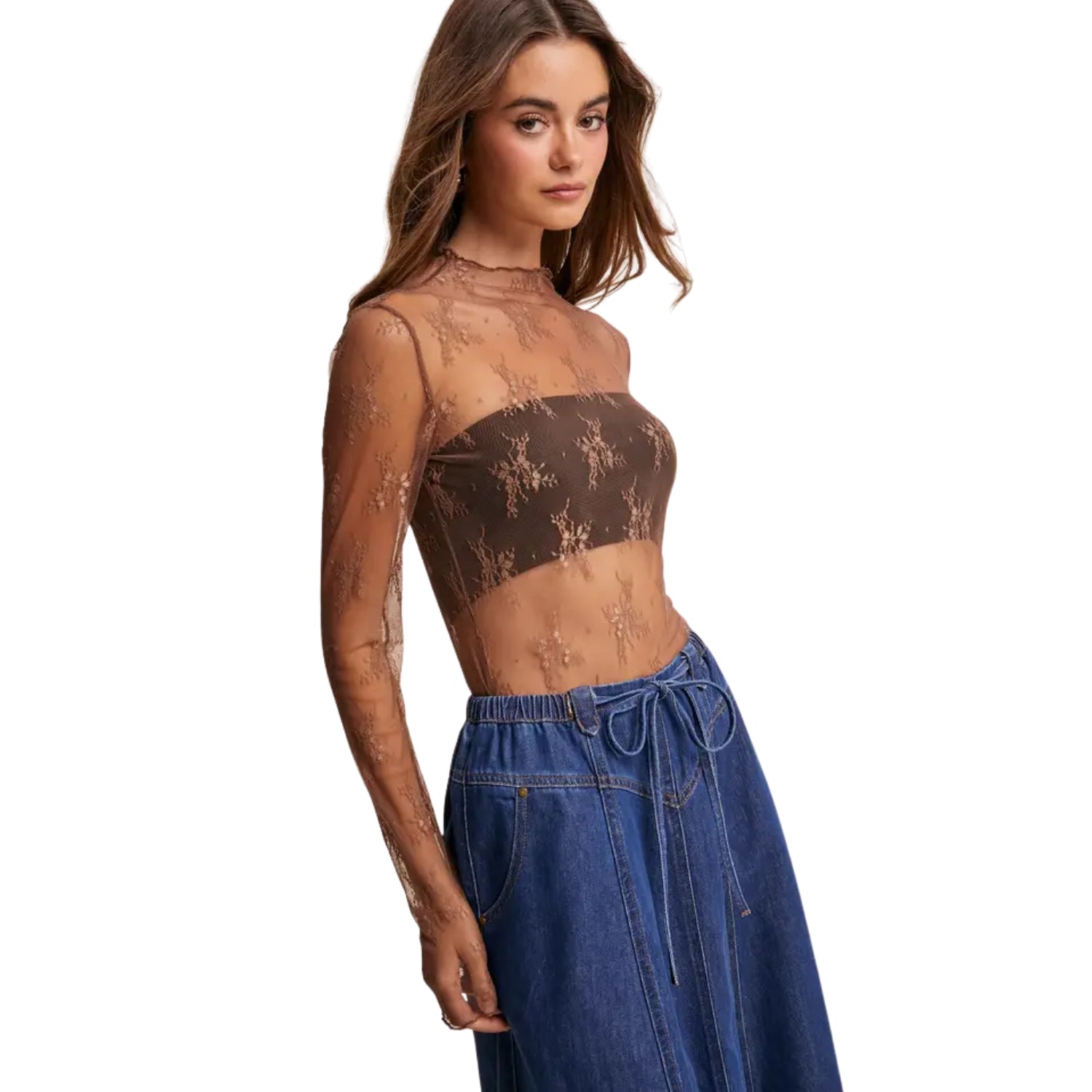 Listicle Women's Sheer Floral Lace Long Sleeve Top, Mocha (X-Small)