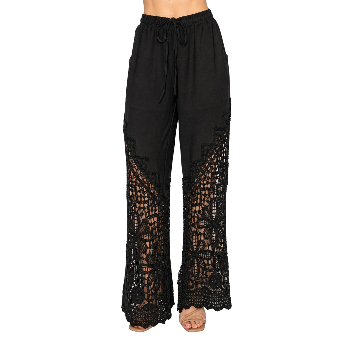 Origami Women's Crochet Lace Wide Leg Drawstring Pants, Black