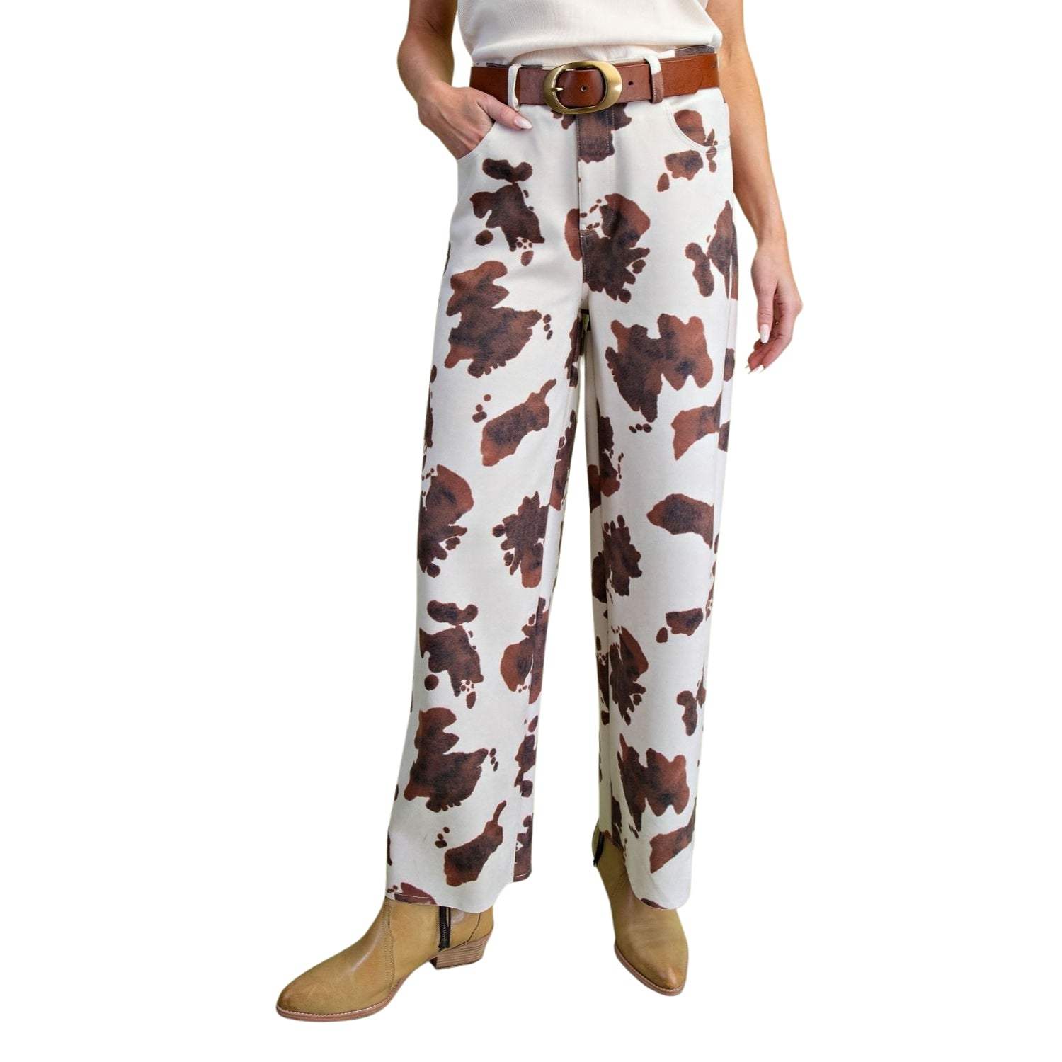 Easel Women's Cow Print Stretch Suede High Rise Wide Leg Pants, Khaki