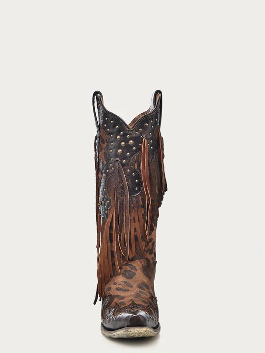 Corral Boots Womens Leopard Print with Fringe and Studs Snip Toe Cowboy Boots