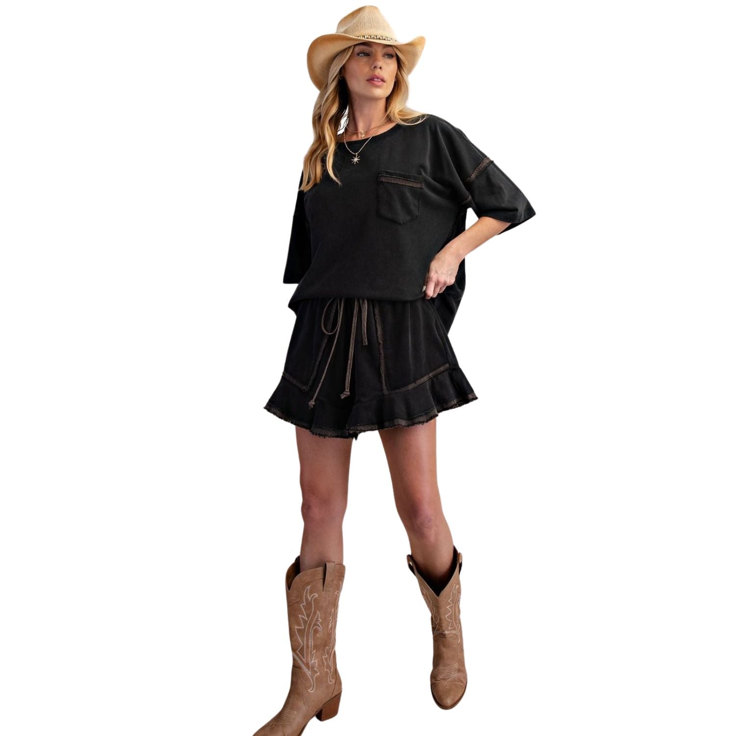 Easel Womens Oversized Drop Shoulder Washed Terry Boxy Top- Ash