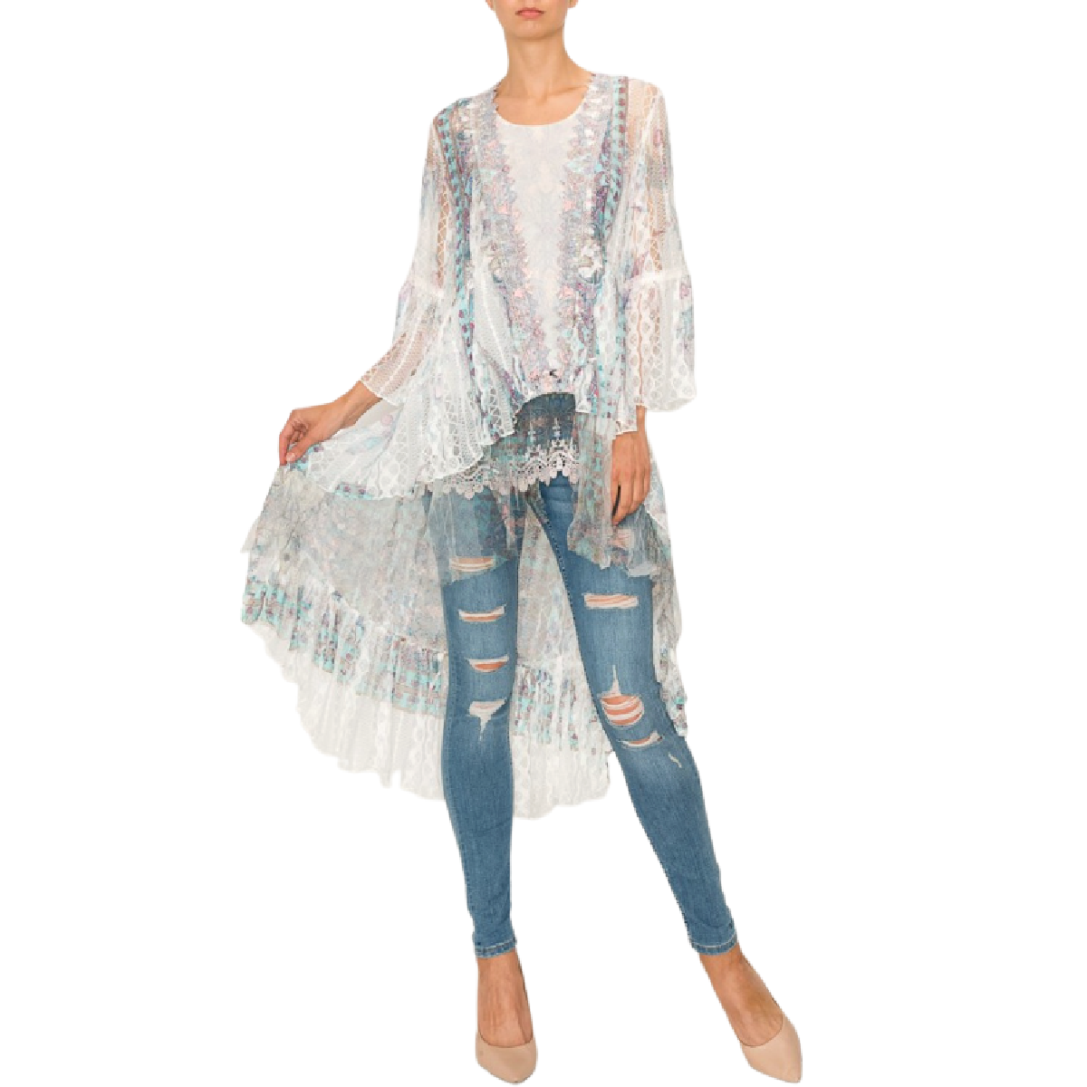 Origami Lace Western Bohemian Edge Hi Lo Cardigan - Ivory Turquoise Duster