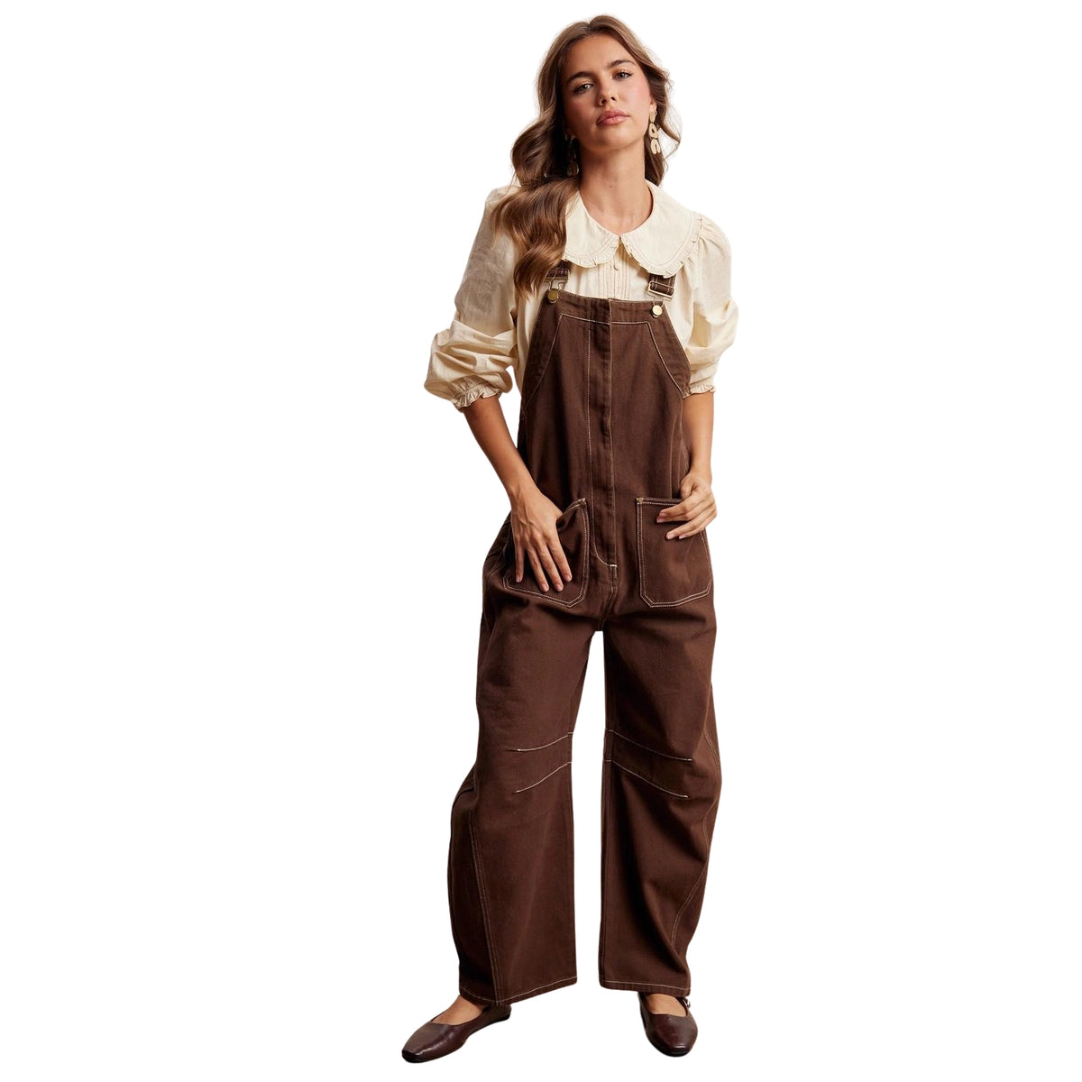 Listicle Women's Barrel Leg Utility Overall Jumpsuit, Mocha