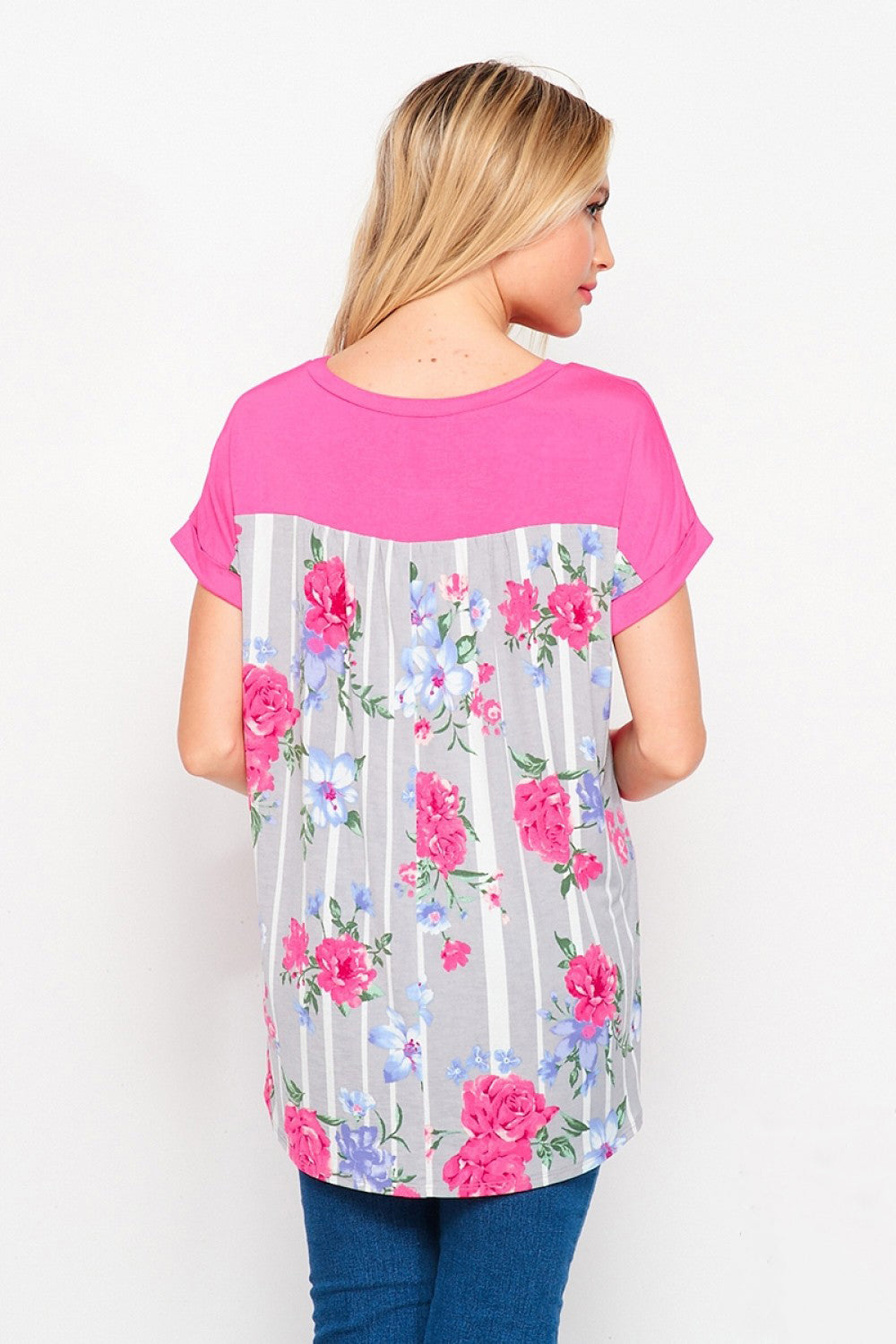 HoneyMe Womens Floral Print Rolled Short Sleeve Top