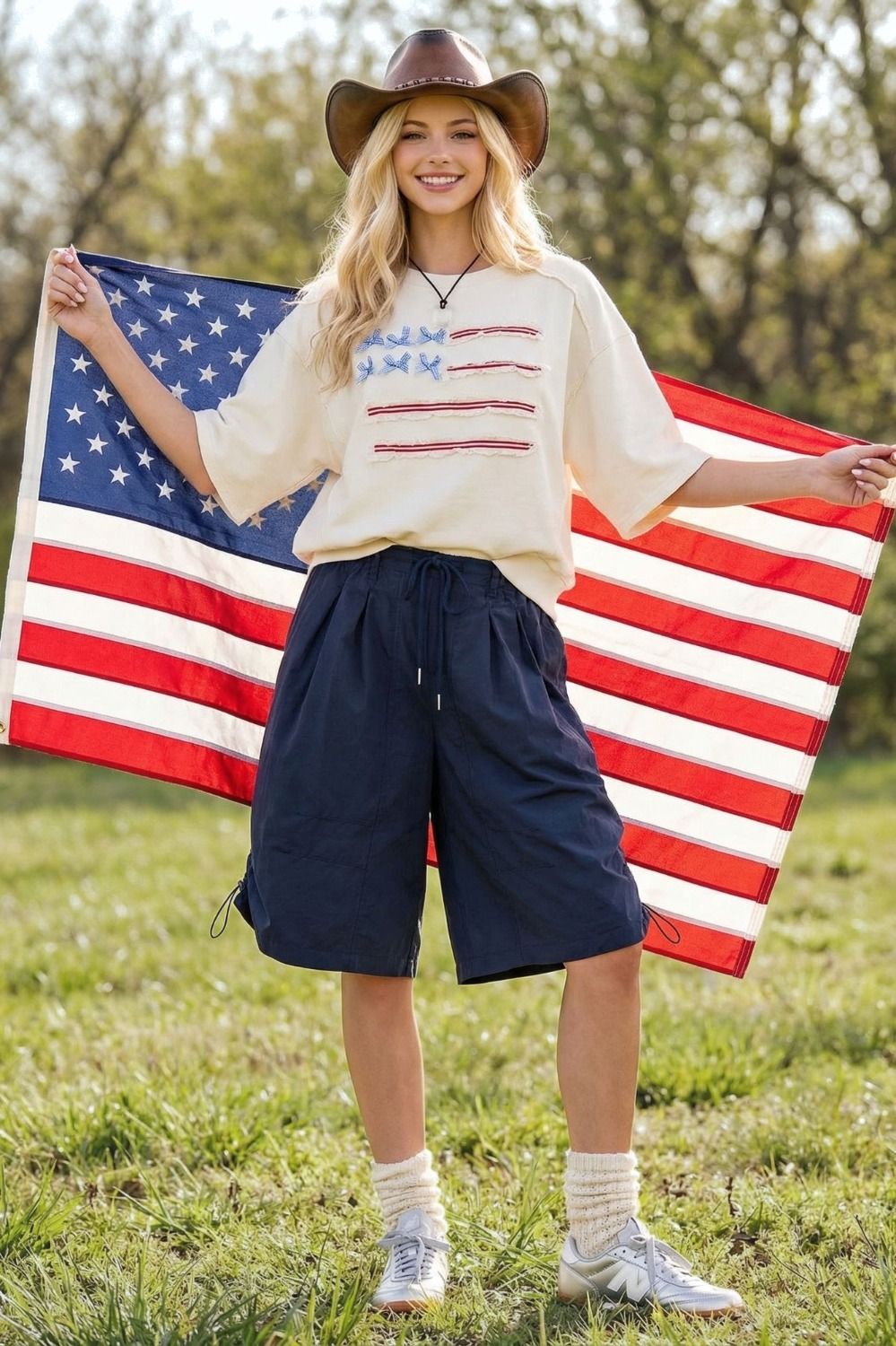 Easel Women American Flag Bow and Ruffle Washed Terry Oversized Shirt- Ivory