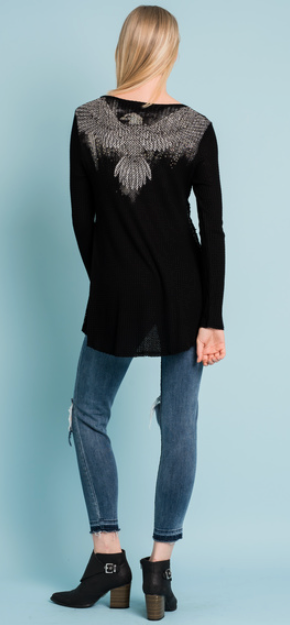 Vocal Womens Long Sleeve Shirt Black High Low Top with Wings