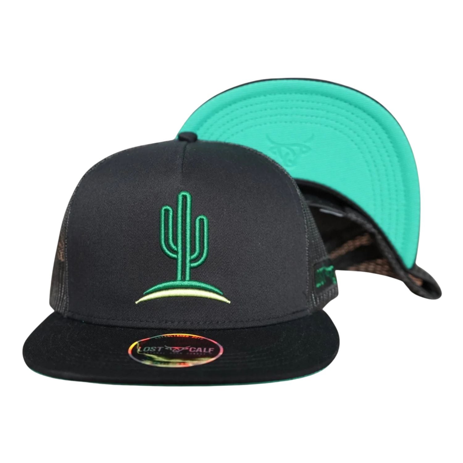 Lost Calf Mens Cactus Embroidered Flat Bill Adjustable Snapback Cap Hat, Green