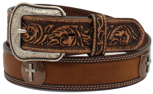 3D Belt Co. Mens Western Cross Concho Floral Tooled Leather Belt, Brown, 36