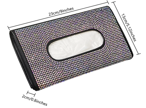 Car Tissue Holder for Visor, Black or Beige with Rhinestones, Tissues Included