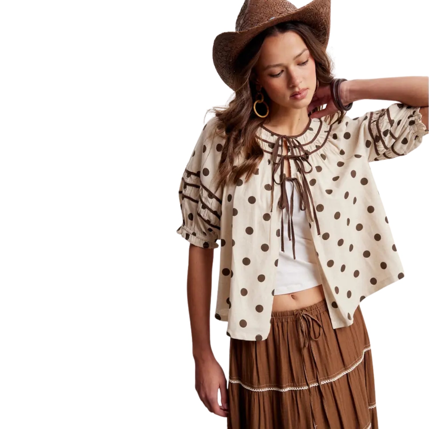 Listicle Women's Polka Dot Ruffle Trim Tie Front Puff Sleeve Blouse, Brown