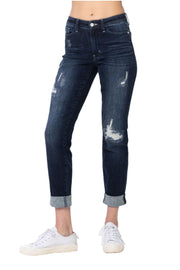 Judy Blue Womens Stitched Destroy Double Cuffed Mid Rise Boyfriend Jeans