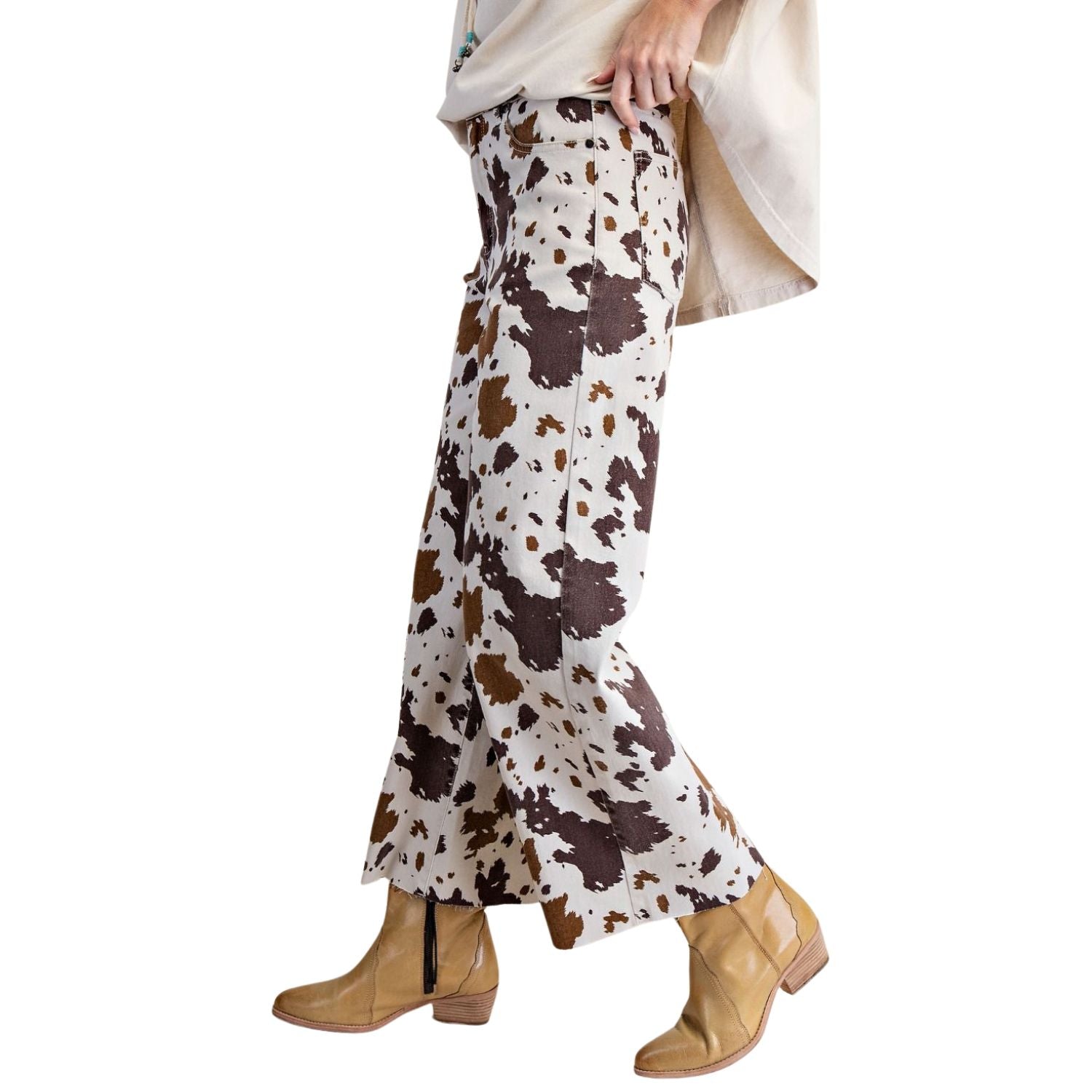 Easel Womens Cow Printed Relaxed Wide Leg Washed Stretch Twill Pants- Mushroom