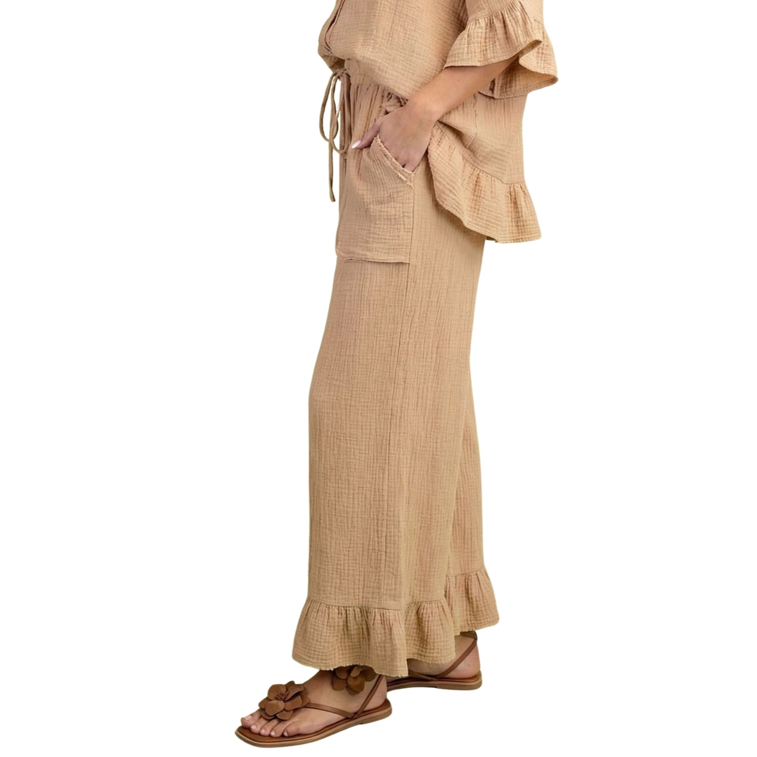 Easel Women's Cotton Gauze Wide Leg Ruffle Hem Drawstring Pants, Khaki