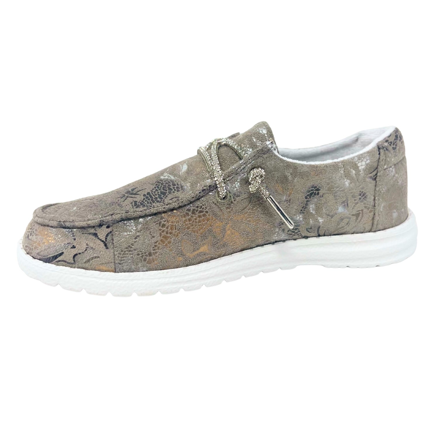 Very G Holly Prints Women's Metallic Floral Loafer w/ Rhinestone Laces, Grey