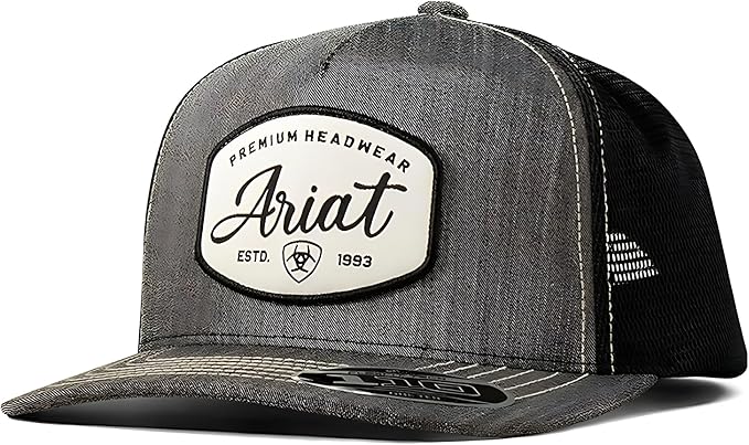 Ariat Mens Flexfit 110 Logo Patch Adjustable Snapback Cap Hat, Heather Black
