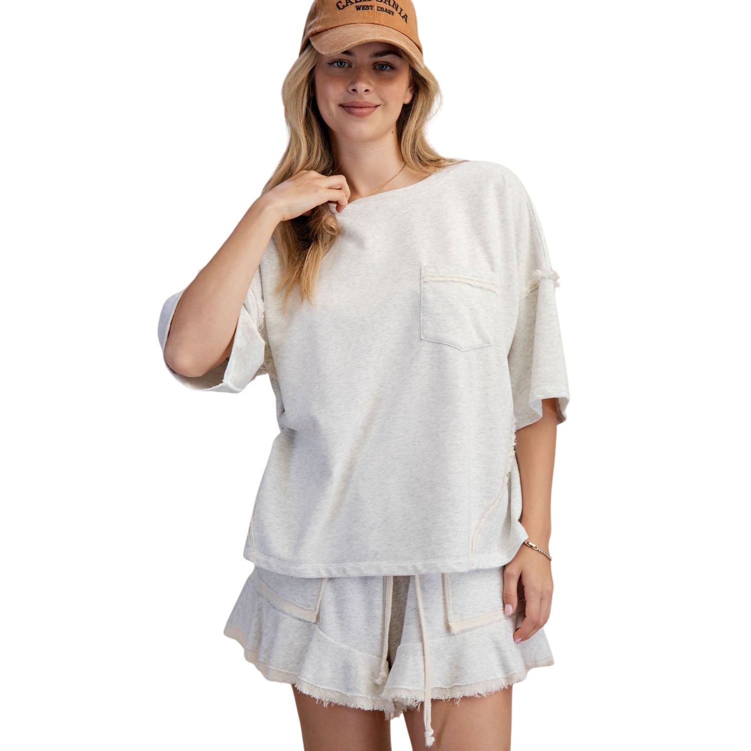 Easel Womens Oversized Drop Shoulder Washed Terry Boxy Top- Natural