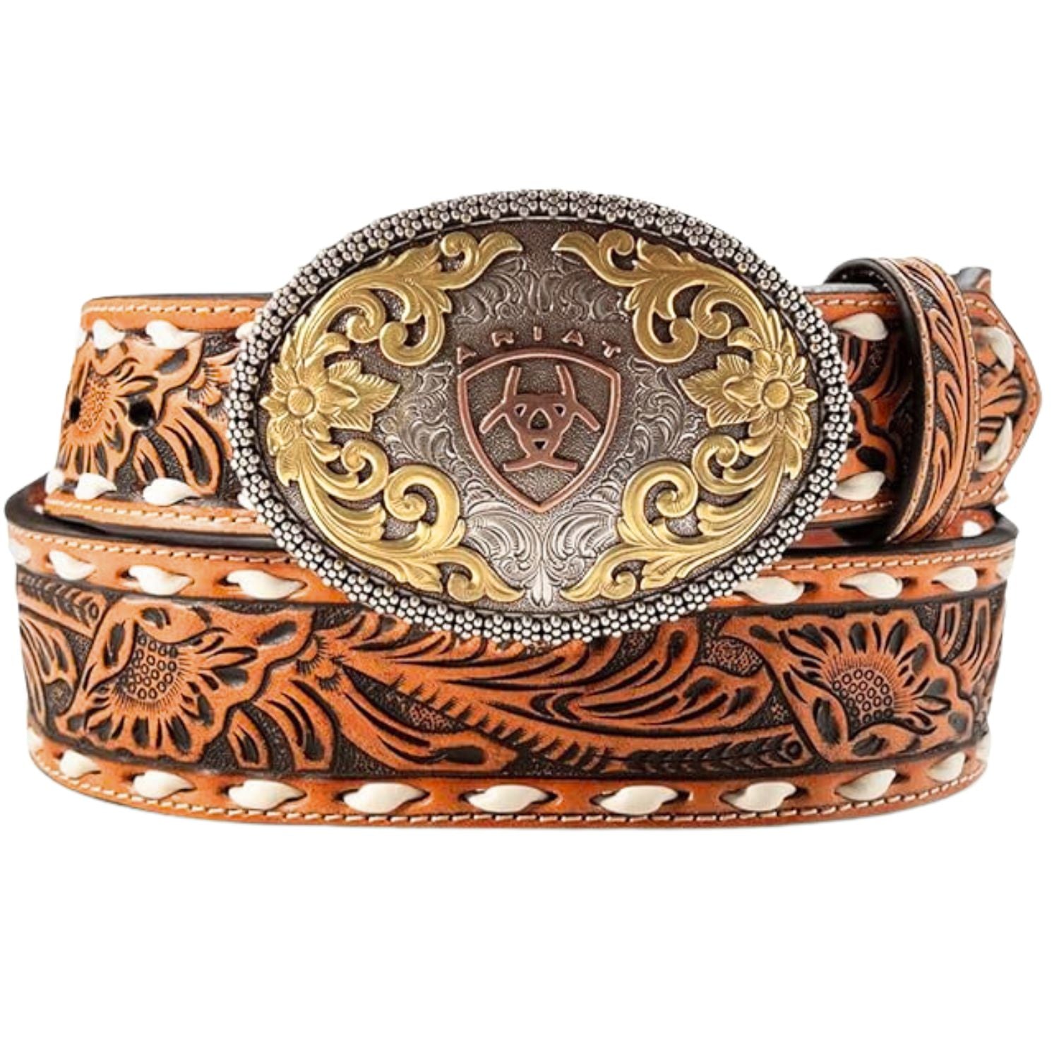 Ariat Mens Oval Multi Finish Buckle Floral Embossed Leather Belt, Natural