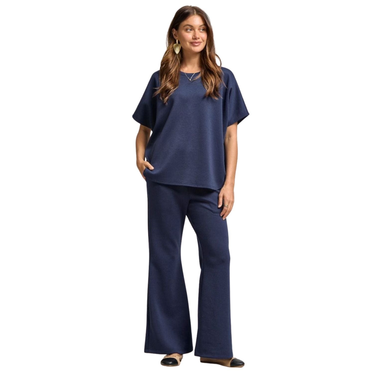 Dear Scarlett Womens Paris Short Sleeve Top with Pants Travel Set, Navy