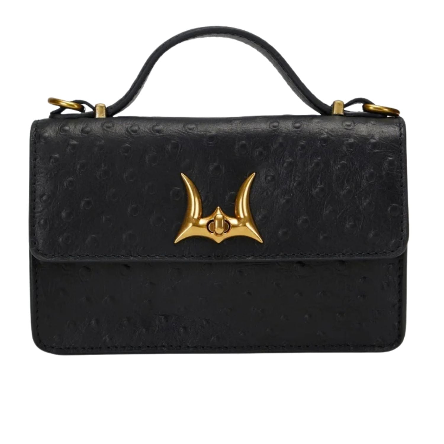 Loyal West Womens Valencia Ostrich Leather Bag - Black with Gold Hardware