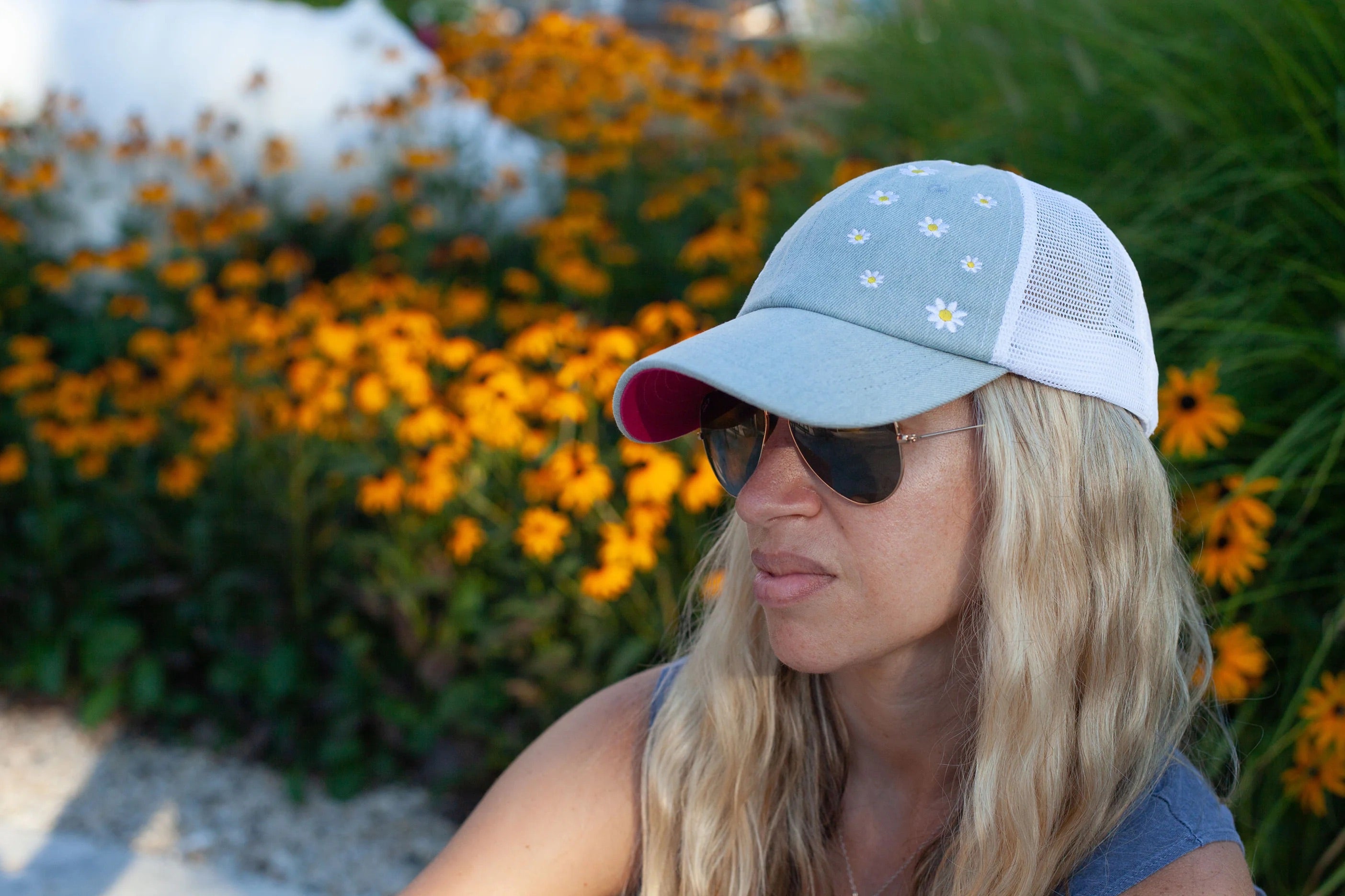 Shady Lady Denim Daisy Lady Trucker Snapback Hat