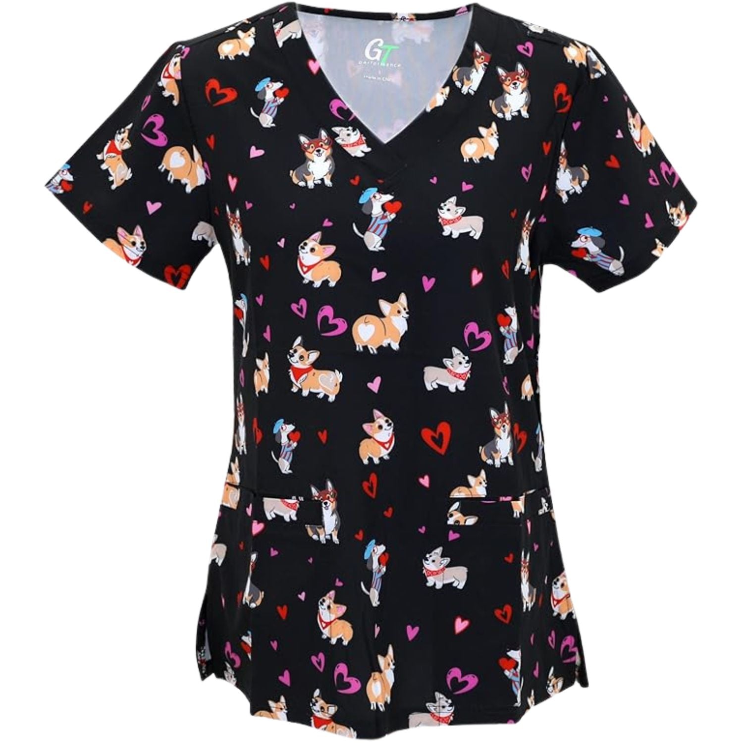 Green Town Performance Womens V-Neck Scrub Top - Valentine's Day Prints