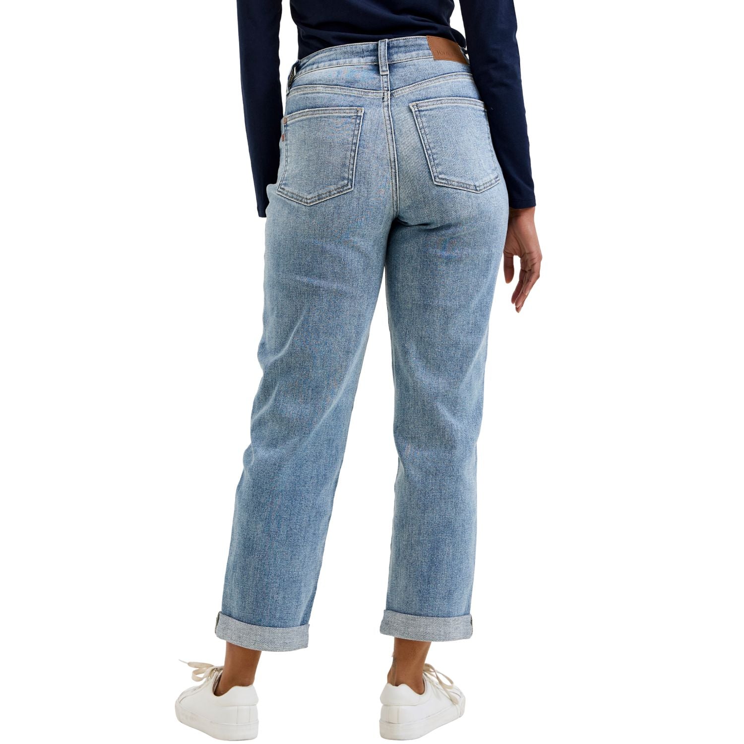 Judy Blue Womens Billie Mid Rise Boyfriend Cuffed Jeans, Light Iced Indigo