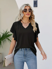 Womens Solid Ruffle Hem Sleeve T-Shirt Blouse, V Neck Short Sleeve