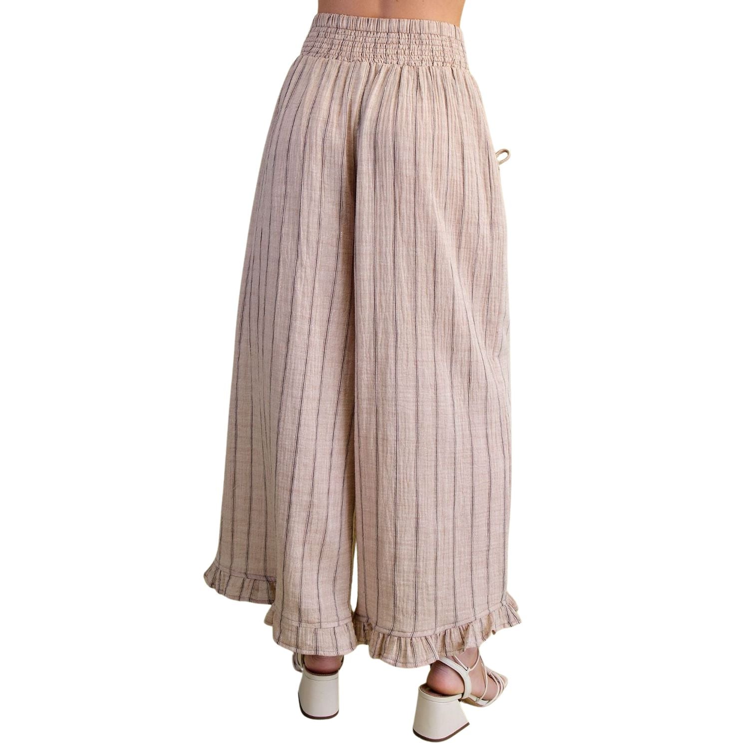 Easel Womens Vertical Striped Cotton Gauze Pants With Ruffle Hem- Mocha