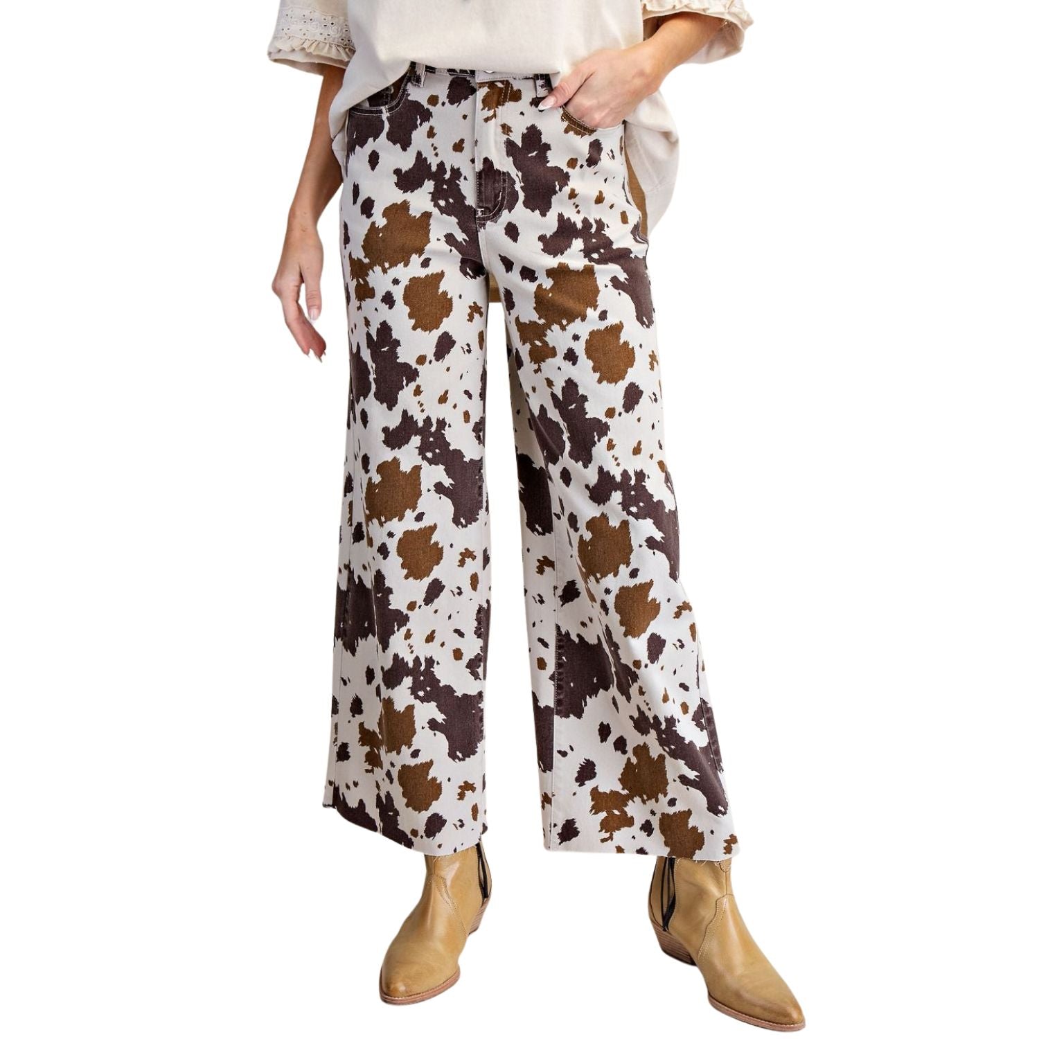 Easel Womens Cow Printed Relaxed Wide Leg Washed Stretch Twill Pants- Mushroom