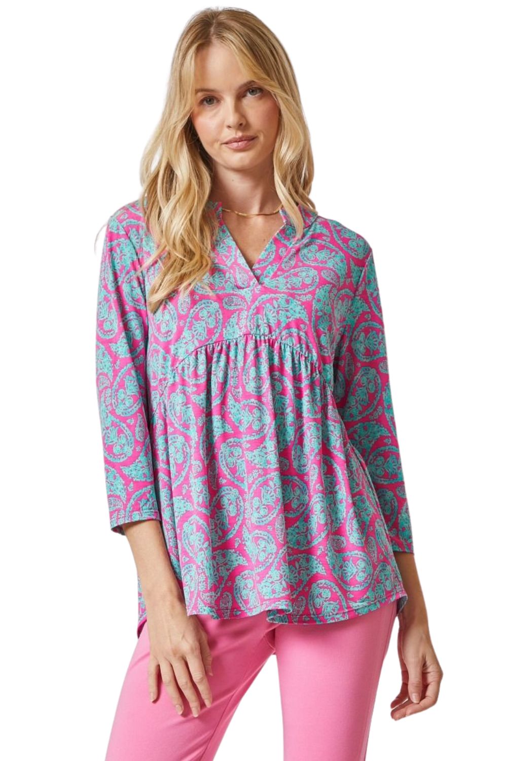 Dear Scarlett Womens Lizzy Empire Cutline Flowy High Low Blouse, Emerald Pink