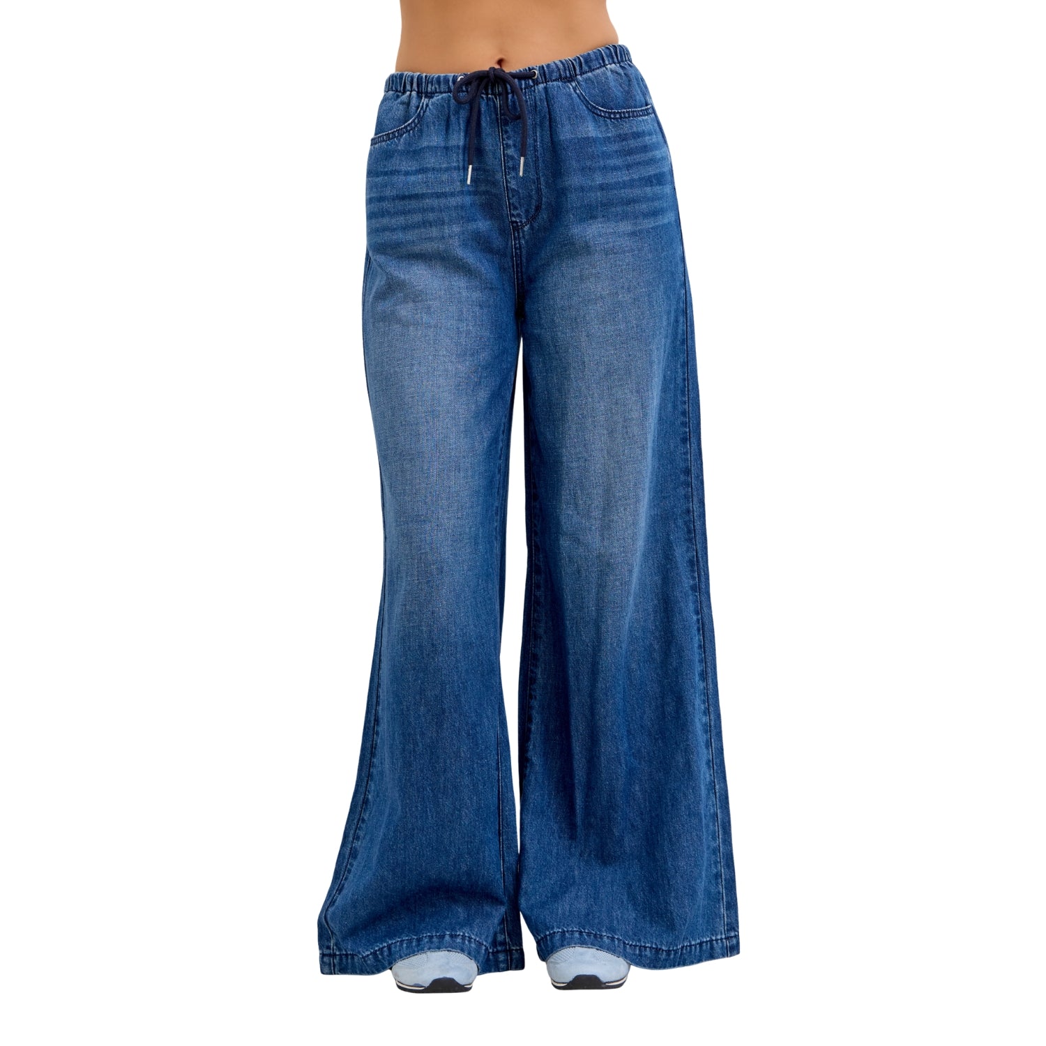 Judy Blue Women's High Waist Featherweight Drawstring Palazzo Jeans, Dark Wash