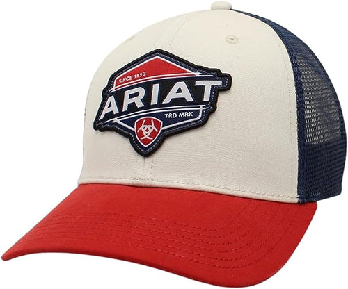 Ariat Mens Logo Patch Adjustable Snapback Cap Hat (White/Red/Navy)