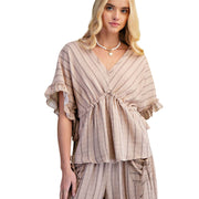 Easel Womens Winged Ruffle Sleeve Striped Cotton Gauze V-Neck Top- Mocha