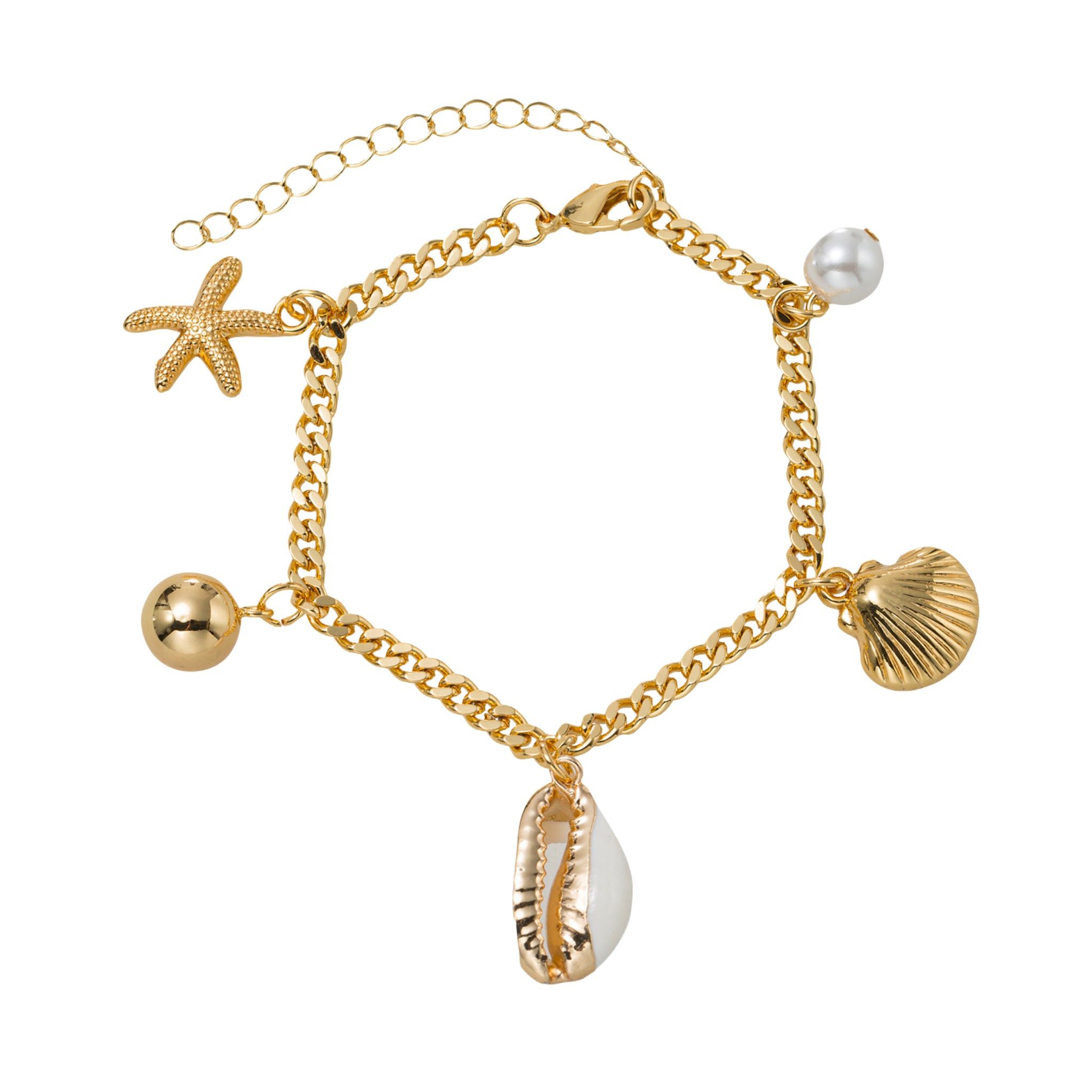 Jane Marie 18k Gold Plated Gold Chain Bracelet with Pearl, Clam, Starfish Charms